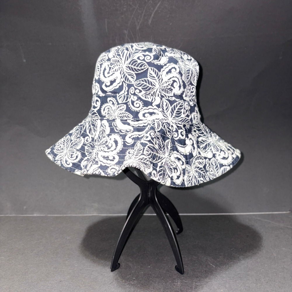 Navy Blue White Paisley Floral Cotton Bucket Hat Wide Brim Sun Hat RN 17730